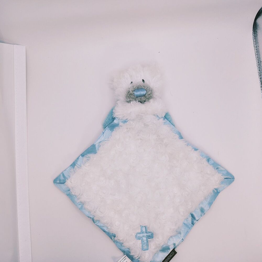 Dedaco White Guardian Bear Blankie Cross Blue Trim Security Rattle Blanket Lovy